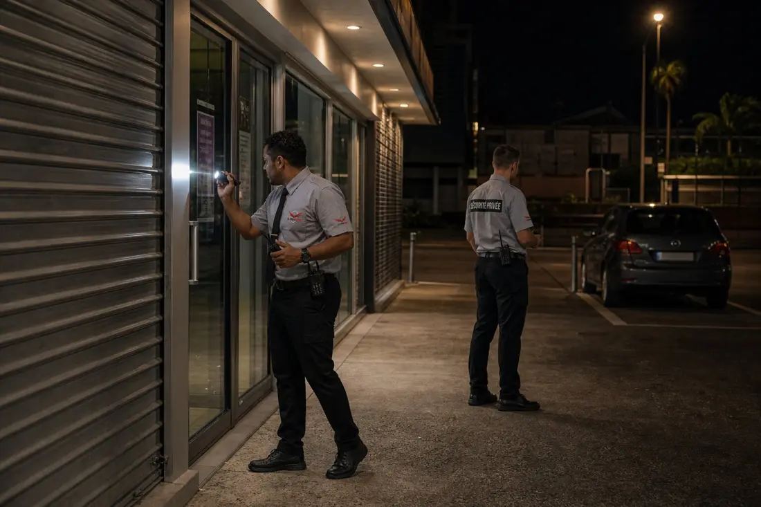 Agents ASRUN vérifiant un commerce fermé après alerte